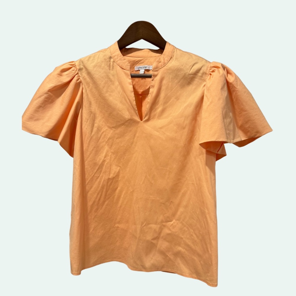 CHICO'S Puff Sleeve Top Flutter Popover Blouse Orange Tangerine Size 8